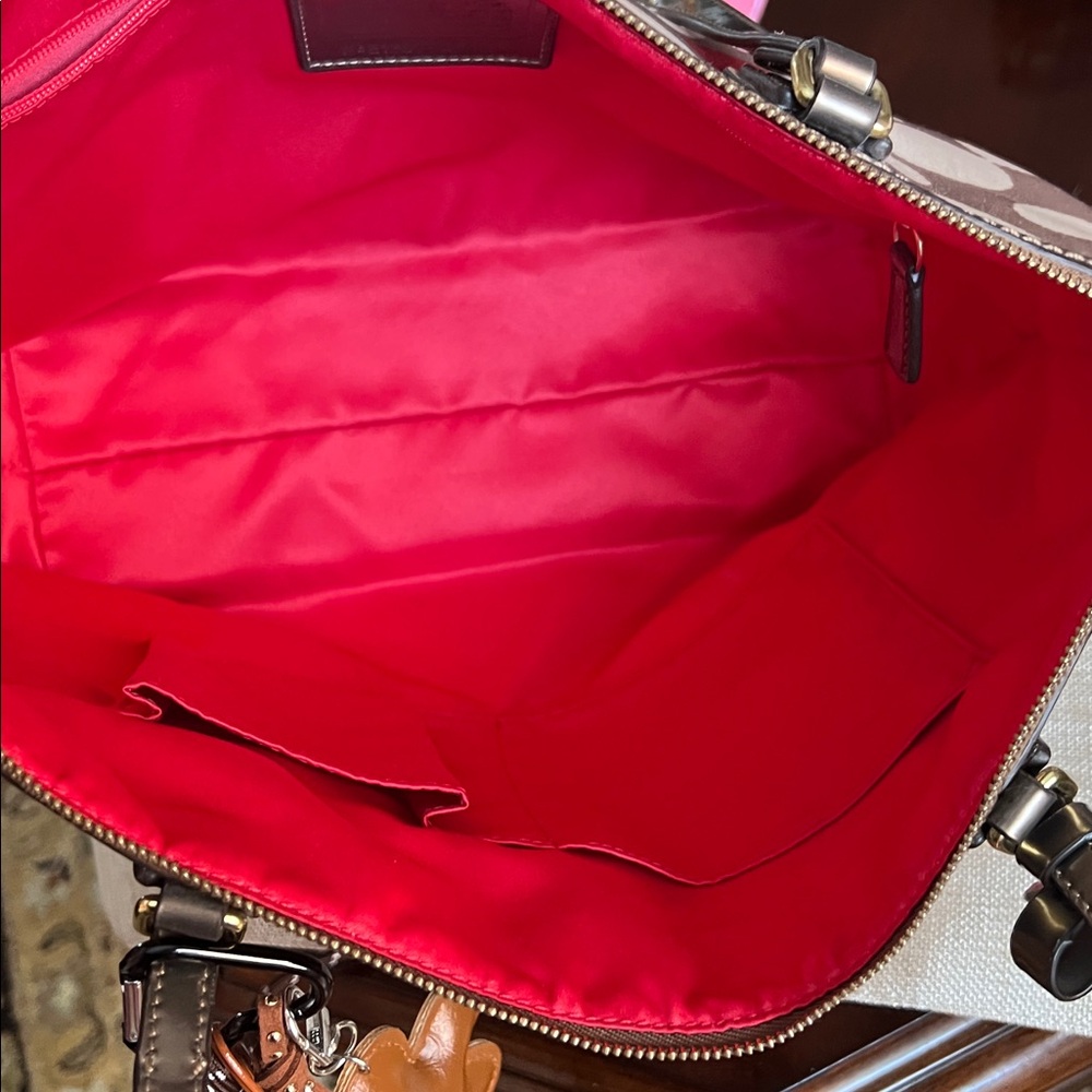 Coach Cream and Red Polka Dot Canvas Tote with Tan Leather Trim GUC 2 Tags - Picture 12 of 17